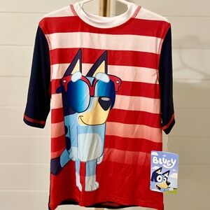Kids Bluey Rash‎ Guard Swim Shirt Long Sleeve Size 8 Red White Stripes